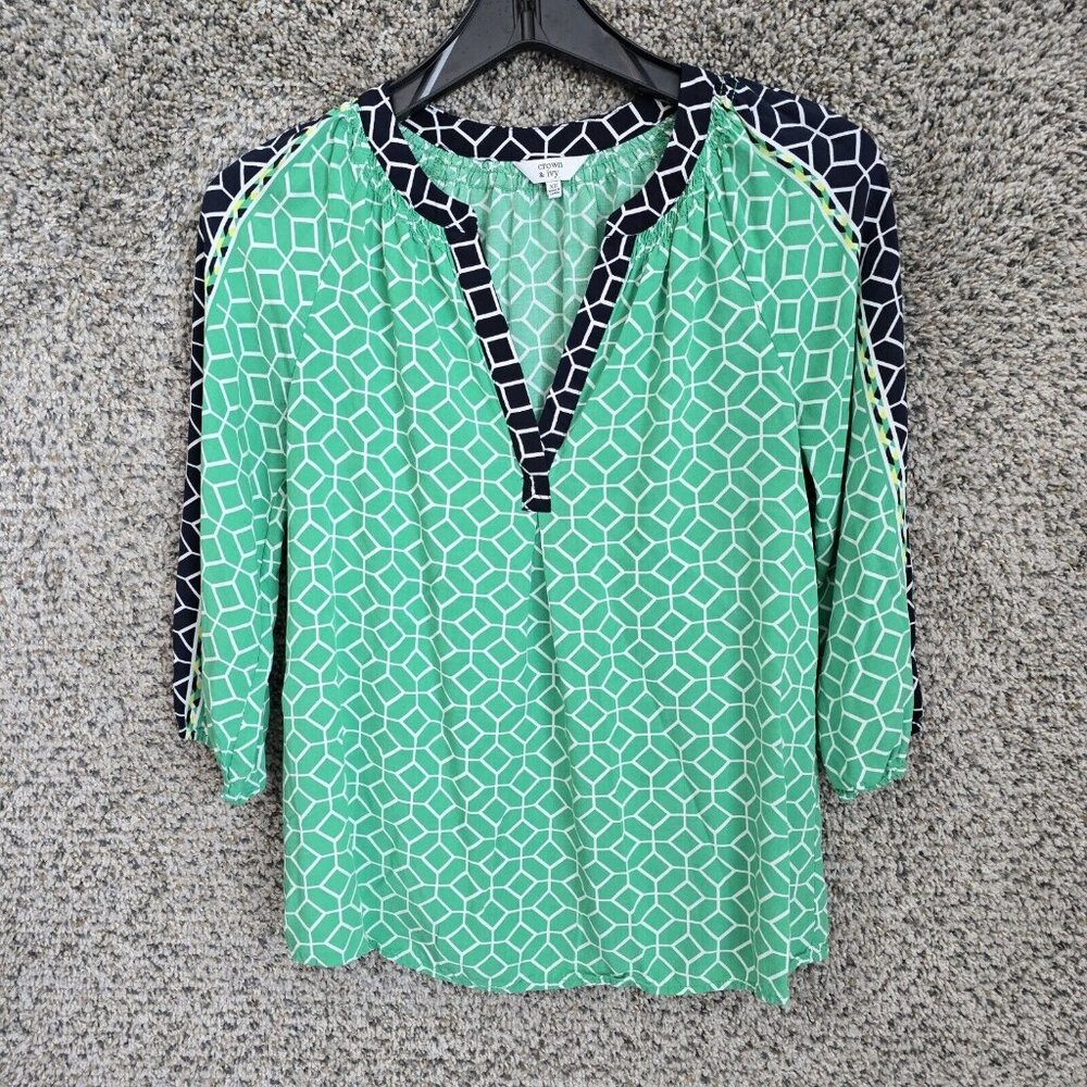 Crown & Ivy Top Womens XS Green Peasant Blouse V Neck 3/4 Sleeve Casual Ladies